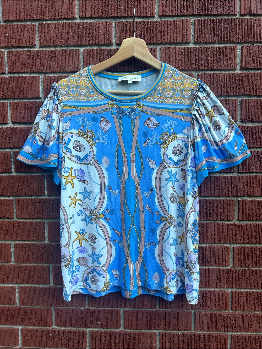Hale Bob Los Angeles Nautical Print Tee Blue Gold Size L